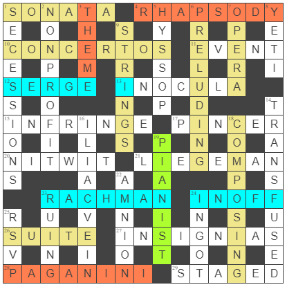 Picture of a completed crossword grid with themed solutions highlighted in different colours.