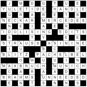 Completed grid for the Financial Times Sunday crossword number 12, World by Gozo. Solutions are given in the blog below.